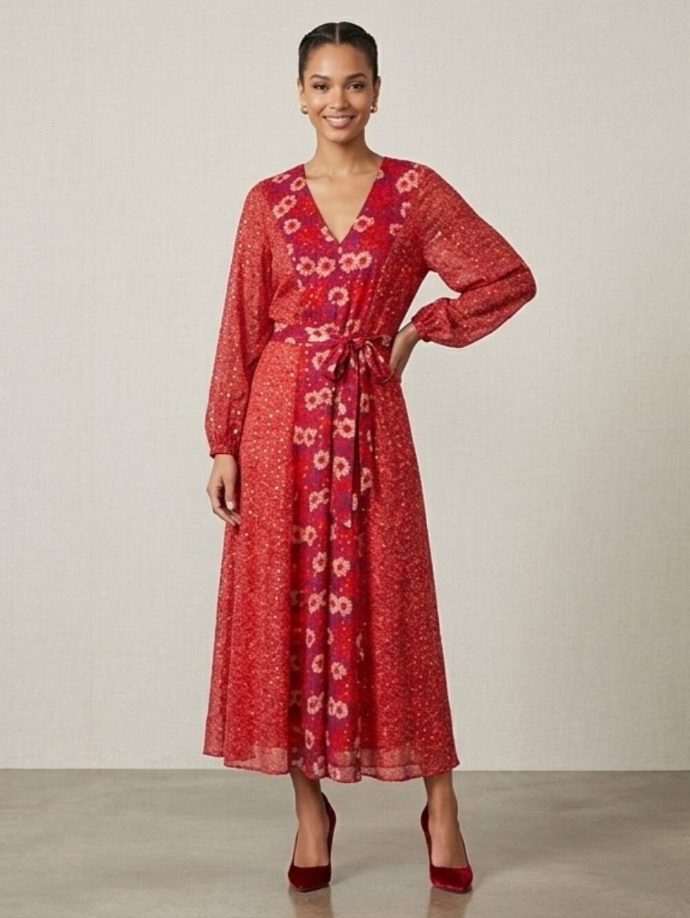 Taylor Red Floral‎ V-Neck Tie-Waist Long Sleeve Maxi Dress